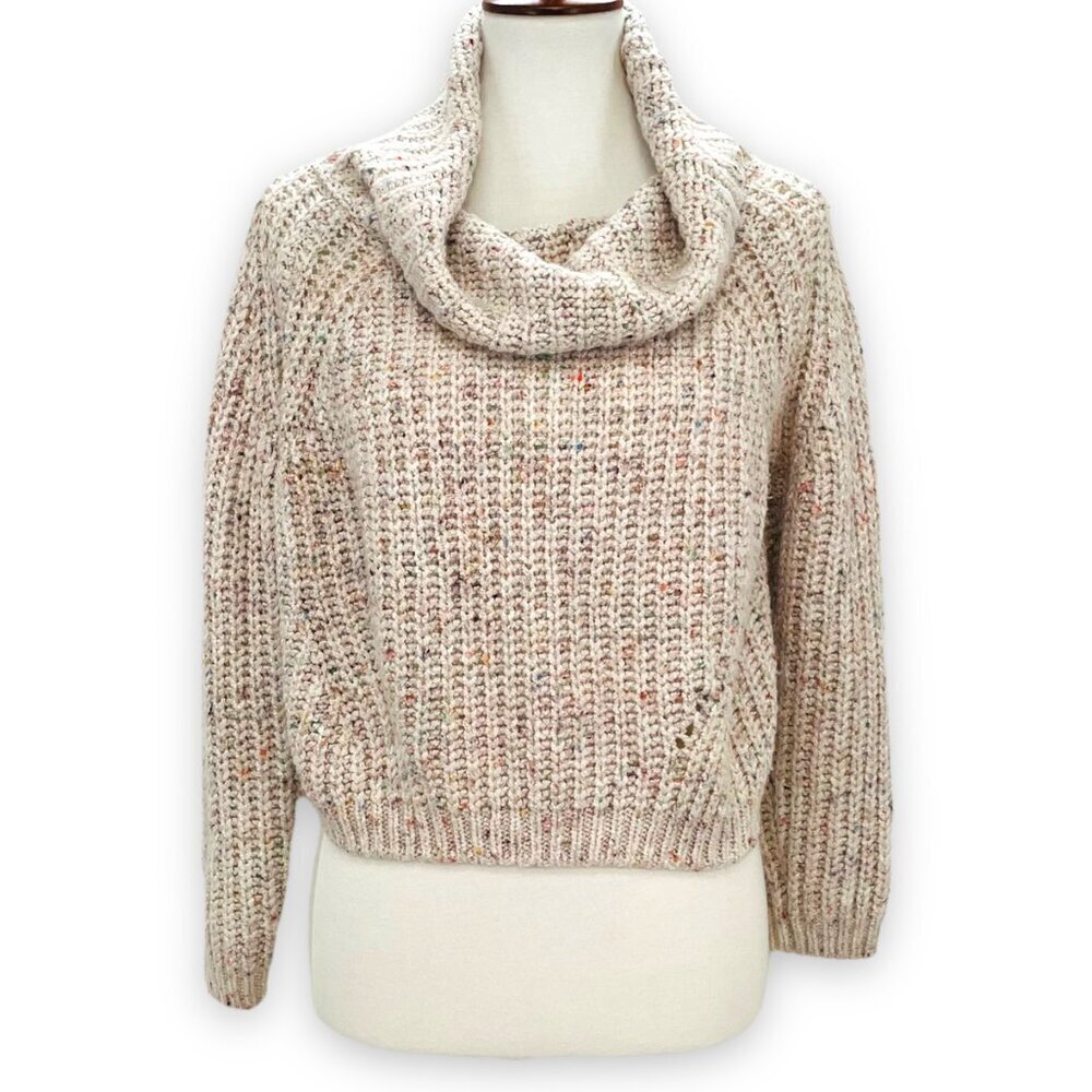Moon & Madison Beige and Speckled Cowl Neck Cropped Chunky Knit Sweater